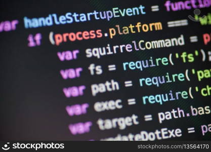 Computer code on the screen. Javascript Node JS code