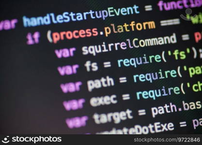 Computer code on the screen. Javascript Node JS code