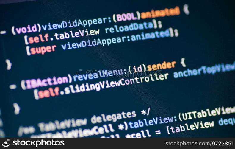 Computer code on the screen. Objective C code lines