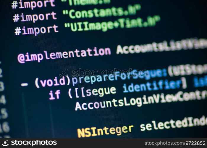 Computer code on the screen. Objective C code lines