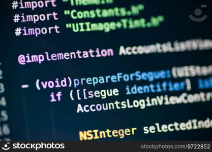 Computer code on the screen. Objective C code lines