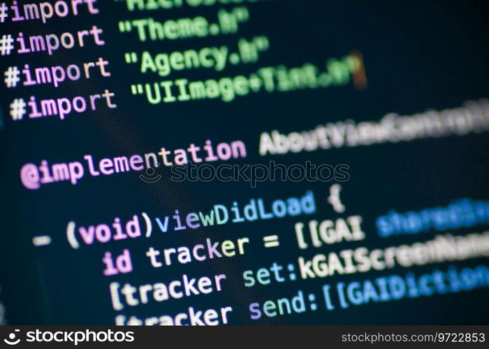 Computer code on the screen. Objective C code lines