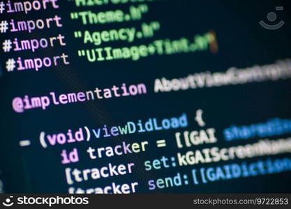 Computer code on the screen. Objective C code lines