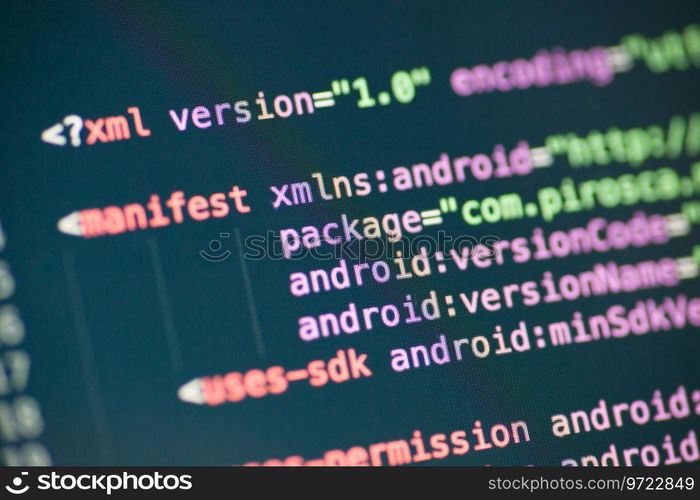 Computer code on the screen. XML code lines on a display