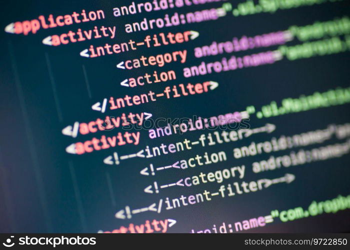 Computer code on the screen. XML code lines on a display