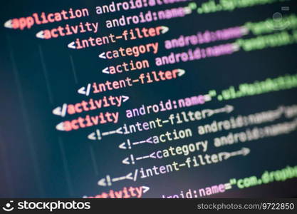 Computer code on the screen. XML code lines on a display