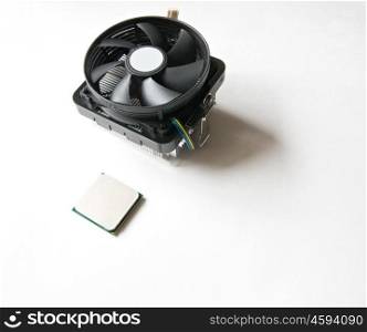 Computer components on a white background. CPU, Cooler