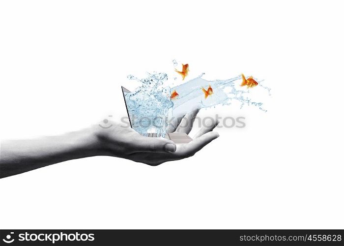 Computer concept. Close up of laptop with fish jumping out from screen