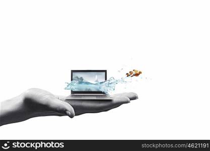 Computer concept. Close up of laptop with fish jumping out from screen