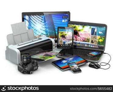 Computer devices. Mobile phone, laptop, printer, camera and tablet pc. 3d