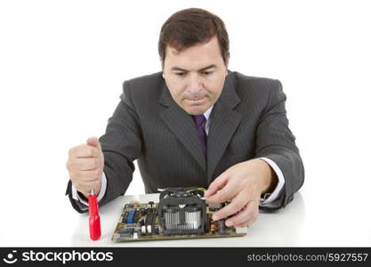 Computer engineer working in a motherboard, isolated