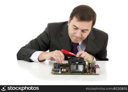 Computer Engineer working in a motherboard, isolated