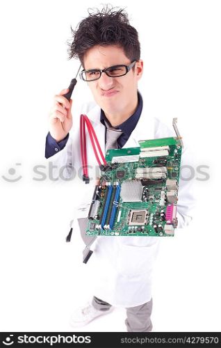 Computer engineer working on an old motherboard