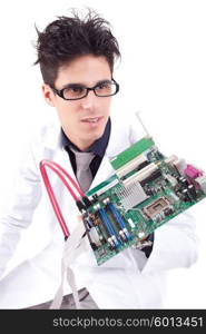 Computer engineer working on an old motherboard