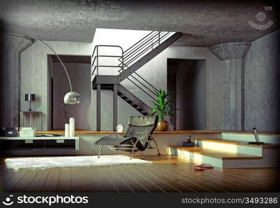 computer generated 3D image of the modern loft at sunset time