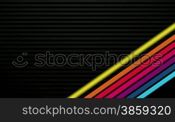 Computer generated abstract animations of multicolored bars entering and exiting over a black background. Four loop-ready styles, suitable for title plates.
