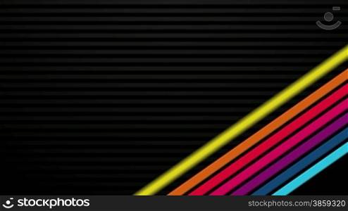 Computer generated abstract animations of multicolored bars entering and exiting over a black background. Four loop-ready styles, suitable for title plates.