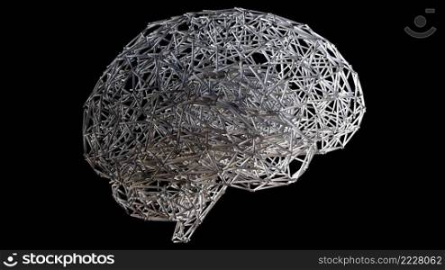 Computer generated artificial intelligence. 3d rendering of the shape of the human brain from a wireframe against the background of colored lights Computer generated artificial intelligence. 3d rendering of the shape of the human brain from a wireframe against the background of colored lights. Computer generated artificial intelligence. 3d rendering of the shape of the human brain from a wireframe against the backdrop of colored lights