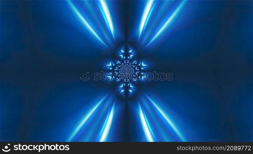 Computer generated fractal blue kaleidoscopic background of twinkling blue lights, 3d rendering Computer generated fractal blue kaleidoscopic background of twinkling blue lights, 3d rendering. Fractal blue kaleidoscopic