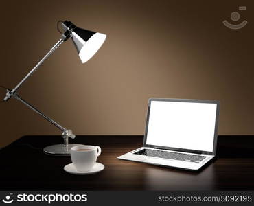 Computer generated image of laptop, desk lamp, and cup of coffee in dark room on wooden table