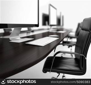 Computer generated image of workplace room with computers in a row