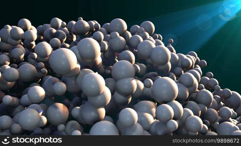 Computer generated many spheres with light rays. 3d rendering of abstract background. Computer generated many bubble with light rays. 3d rendering of abstract background