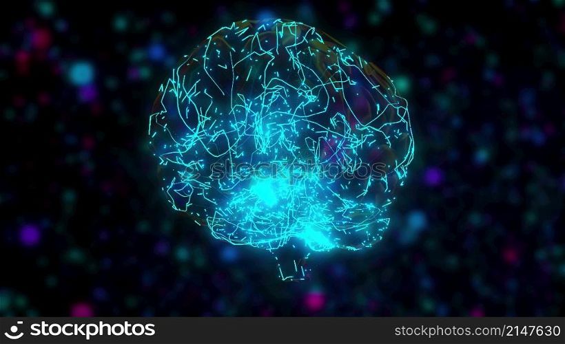 Computer generated model of artificial intelligence. 3d rendering of the digital brain against the backdrop of colored blurred particles Computer generated model of artificial intelligence. 3d rendering of the digital brain against the backdrop of colored blurred particles. Computer generated artificial intelligence. 3d rendering of the digital brain against the backdrop of colored blurred particles