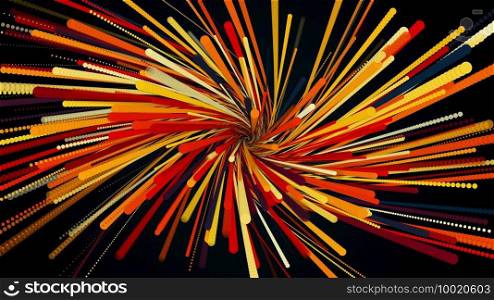 Computer generated spiral fireworks made of multicolored lines and particles. 3d rendering of an abstract backdrop.. Spiral fireworks made of multicolored lines and particles, Computer generated. 3d rendering of an abstract background.