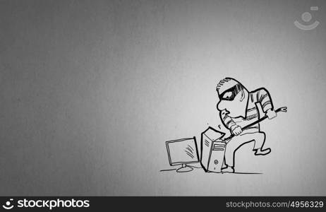 Computer hacker. Caricature of hacker in mask breaking computer