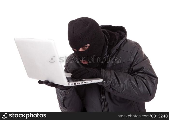 Computer hacker with white laptop