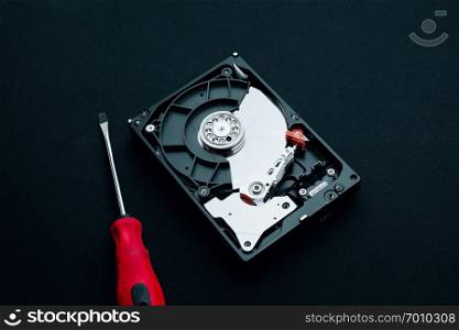 Computer hardware repair and inspection concepts, Disassembled hard disk drive with a screwdriver.