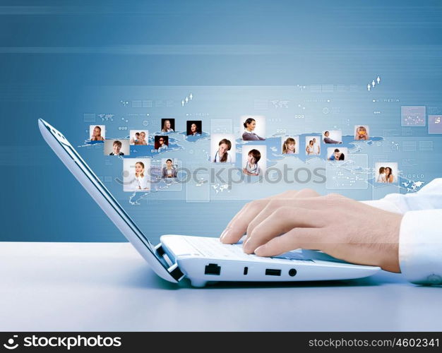 Computer keyboard and social media images. Computer keyboard and multiple social media images