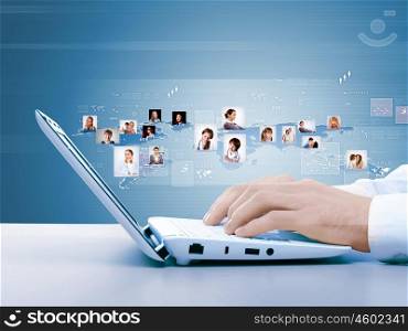 Computer keyboard and social media images. Computer keyboard and multiple social media images