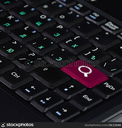 Computer keyboard with search and solution found symbol