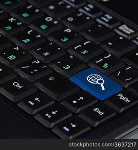 Computer keyboard with search and solution found symbol