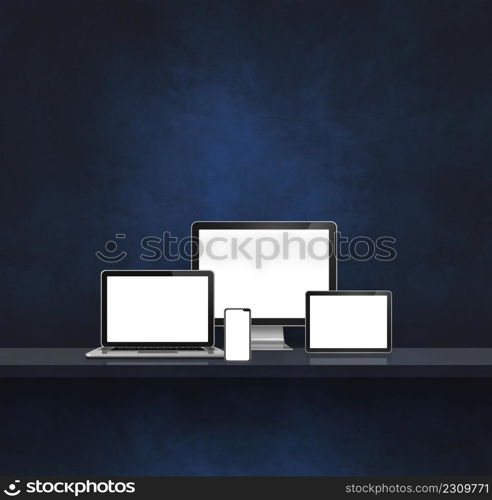 Computer, laptop, mobile phone and digital tablet pc - Black wall shelf background. 3D Illustration. Computer, laptop, mobile phone and digital tablet pc. Black shelf background