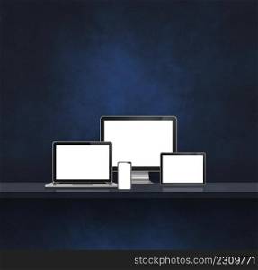 Computer, laptop, mobile phone and digital tablet pc - Black wall shelf background. 3D Illustration. Computer, laptop, mobile phone and digital tablet pc. Black shelf background