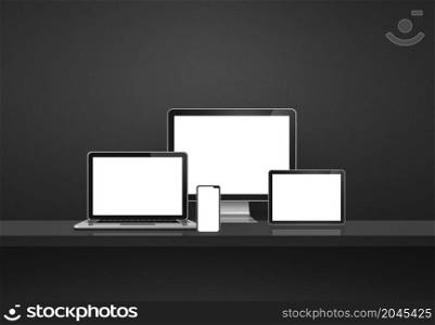 Computer, laptop, mobile phone and digital tablet pc - Black wall shelf banner. 3D Illustration. Computer, laptop, mobile phone and digital tablet pc. Black shelf banner