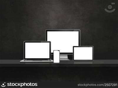 Computer, laptop, mobile phone and digital tablet pc - Black wall shelf banner. 3D Illustration. Computer, laptop, mobile phone and digital tablet pc. Black shelf banner
