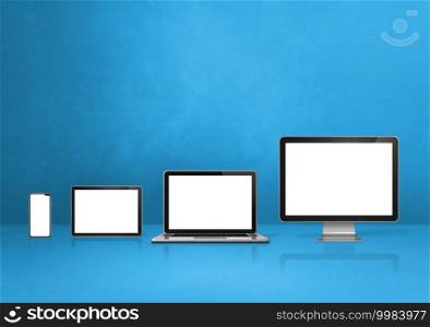 Computer, laptop, mobile phone and digital tablet pc - blue office desk background. 3D Illustration. computer, laptop, mobile phone and digital tablet pc. blue background
