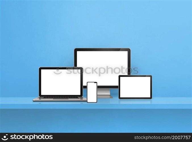 Computer, laptop, mobile phone and digital tablet pc - blue wall shelf banner. 3D Illustration. Computer, laptop, mobile phone and digital tablet pc. blue shelf banner