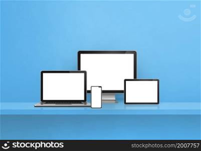 Computer, laptop, mobile phone and digital tablet pc - blue wall shelf banner. 3D Illustration. Computer, laptop, mobile phone and digital tablet pc. blue shelf banner