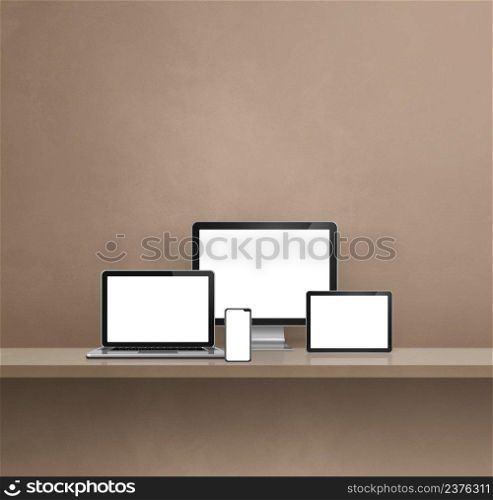 Computer, laptop, mobile phone and digital tablet pc - brown wall shelf background. 3D Illustration. Computer, laptop, mobile phone and digital tablet pc. brown shelf background