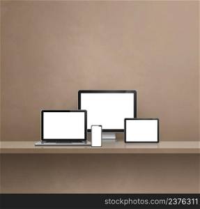Computer, laptop, mobile phone and digital tablet pc - brown wall shelf background. 3D Illustration. Computer, laptop, mobile phone and digital tablet pc. brown shelf background