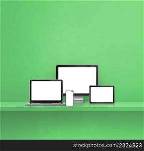 Computer, laptop, mobile phone and digital tablet pc - green wall shelf background. 3D Illustration. Computer, laptop, mobile phone and digital tablet pc. green shelf background