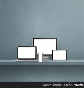 Computer, laptop, mobile phone and digital tablet pc - Grey wall shelf background. 3D Illustration. Computer, laptop, mobile phone and digital tablet pc. Grey shelf background