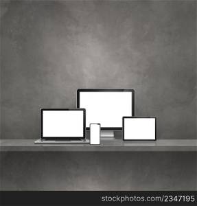 Computer, laptop, mobile phone and digital tablet pc - Grey wall shelf background. 3D Illustration. Computer, laptop, mobile phone and digital tablet pc. Grey shelf background