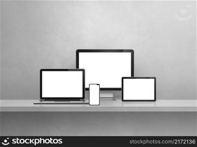 Computer, laptop, mobile phone and digital tablet pc - Grey wall shelf banner. 3D Illustration. Computer, laptop, mobile phone and digital tablet pc. Grey shelf banner