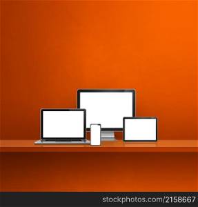Computer, laptop, mobile phone and digital tablet pc - orange wall shelf background. 3D Illustration. Computer, laptop, mobile phone and digital tablet pc. orange shelf background