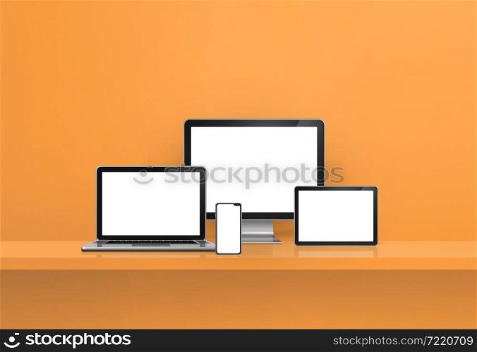 Computer, laptop, mobile phone and digital tablet pc - orange wall shelf banner. 3D Illustration. Computer, laptop, mobile phone and digital tablet pc. orange shelf banner
